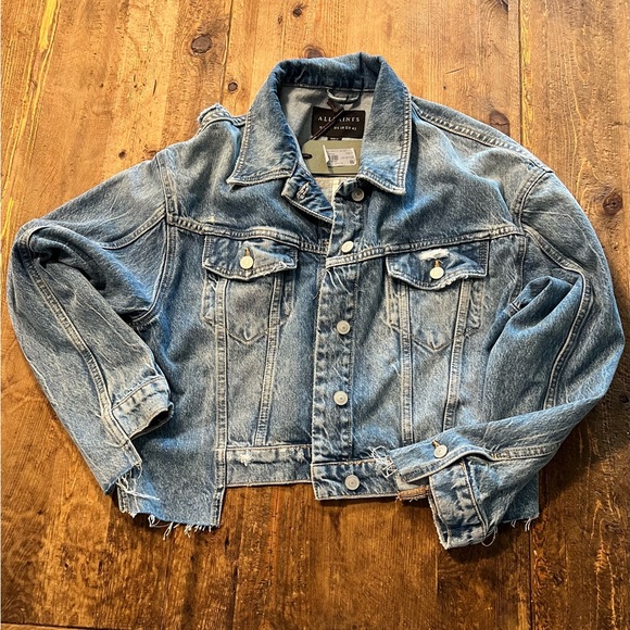 All Saints Beth Patch Cropped Distressed Denim Jacket - Picture 2 of 6